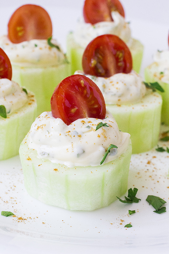 Cucumber Bites with Herb Cream Cheese and Cherry Tomatoes