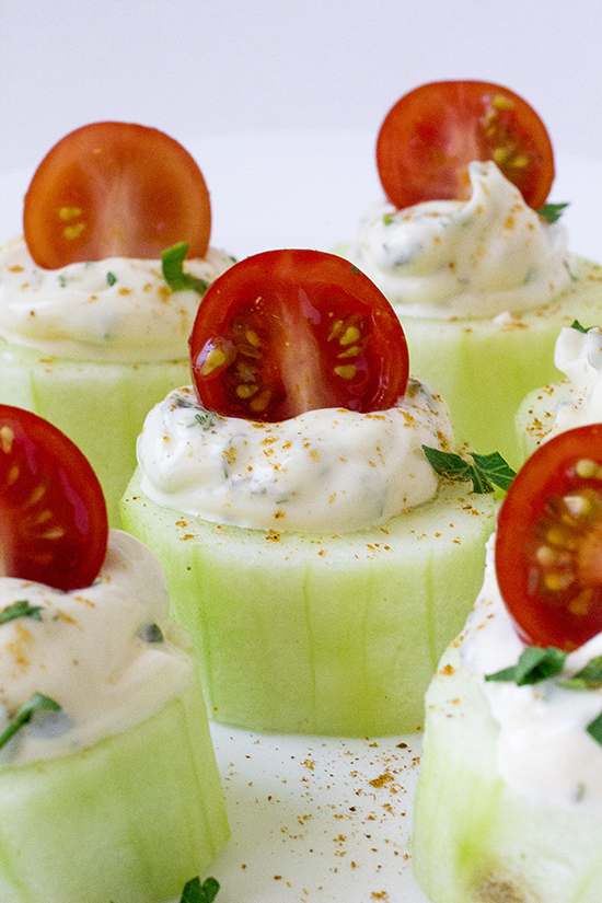 Cucumber Bites with Herb Cream Cheese and Cherry Tomatoes