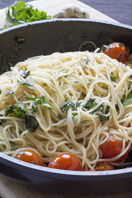 Garlic Parmesan Spaghetti with Blistered Tomatoes