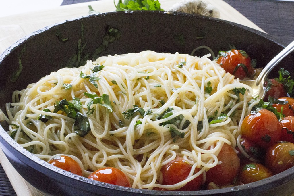 Garlic Parmesan Spaghetti with Blistered Tomatoes